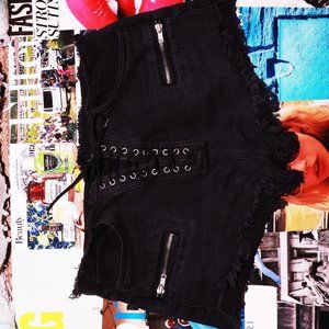 Tie-Up Black Denim Shorts